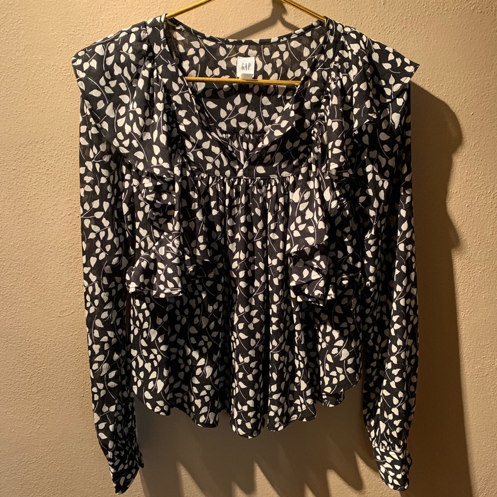 Black & White Chiffon Floral Blouse w/ Ruffles XS